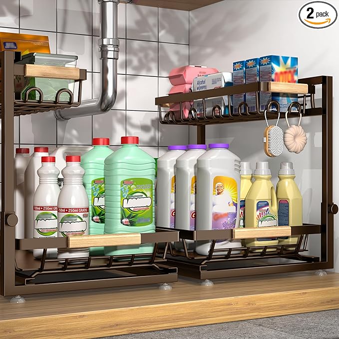 2 Packs Under Sink Organizer, Height Adjustable 2 Tier Under Kitchen sink organizer, Multi-Purpose Storage Shelf for Kitchen Bathroom Cabinet (Brown)
