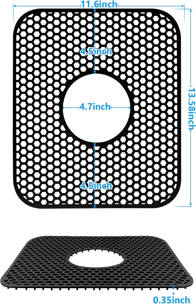 Sink Protectors for Kitchen Sink,2 PCS Silicone Kitchen Mat 13.58"x11.6",Non-Slip Bottom Guard Compatible with Farmhouse/Stainless Steel/Porcelain(Black, Ceter Drain)