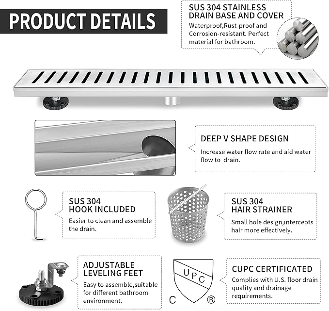 Linear Shower Drain 24 inch, Floor Drain with Removable Pattern Grate, 304 Stainless Steel Rectangular Linear Drain with Hair Strainer, CUPC Certified, Brushed Nickel, SD-104