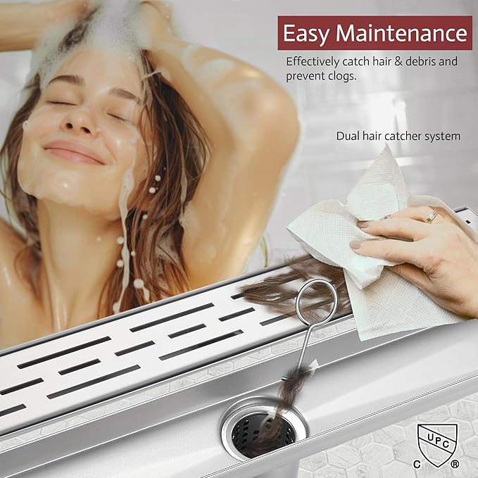 24 Inch Linear Shower Drain, Brushed Nickel Shower Drain,Removable Grate, 304 Stainless Steel, Easy to Install and Clean for Bathrooms (Drain Base Not Included), LSD-01A-24S