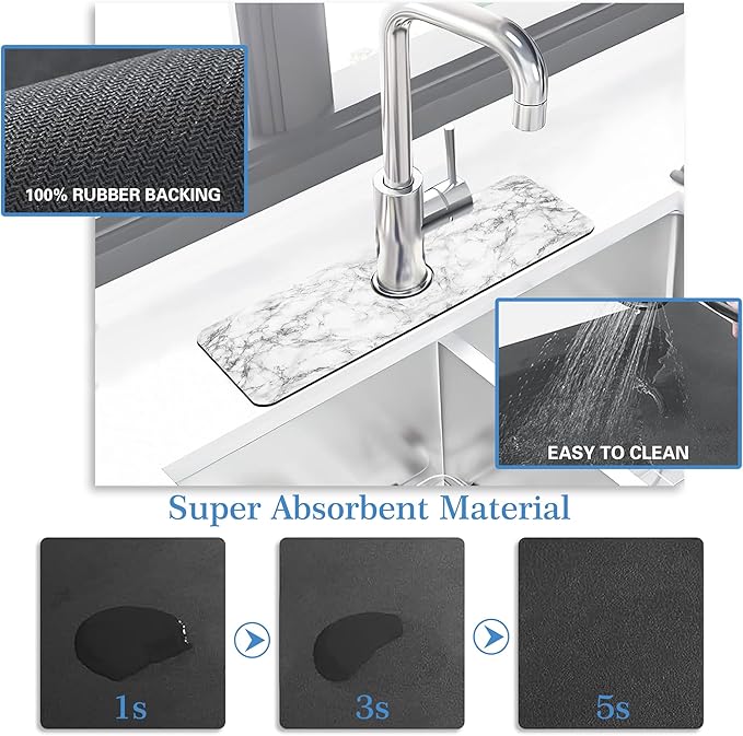 Faucet Mat for Kitchen Sink White Marble Texture, Soft Diatom Mud Material, Strong Water Absorption, Non-Slip, Easy to Clean for Bathroom, Kitchen 15"X5.5"