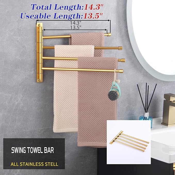 GERZWY Wall Mount Bath Towel Rack with 4 Arms Hanger Towel Holder Bathroom Swing Arm Towel Bars Organizer Stainless Steel Gold Finished HYG04-BE