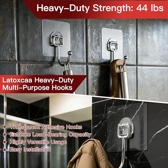 Large Adhesive Hooks 8-Pack, Heavy Duty 44lb(Max) Wall Hooks for Bathroom, Outdoor, Strong Self-Adhesive Towel & Coat Hooks, Waterproof Transparent Utility Hooks for Home Improvement