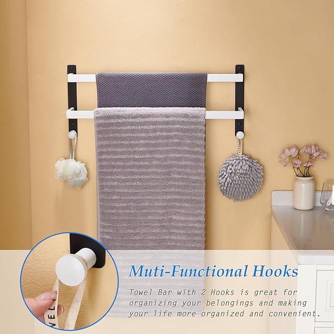 Bath Double Towel Bars with Hooks, 24 Inch Stainless Steel Towel Rail, Wall Mount Towel Rack for Bathroom Lavatory, White & Black