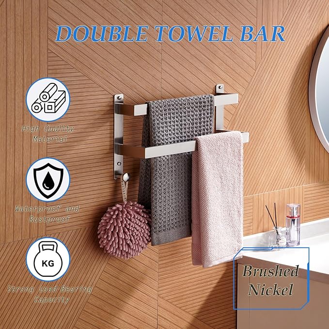 Bath Double Towel Bars with Hooks, 16 Inch Brushed Stainless Steel Towel Rail, Wall Mount Towel Rack for Bathroom Lavatory