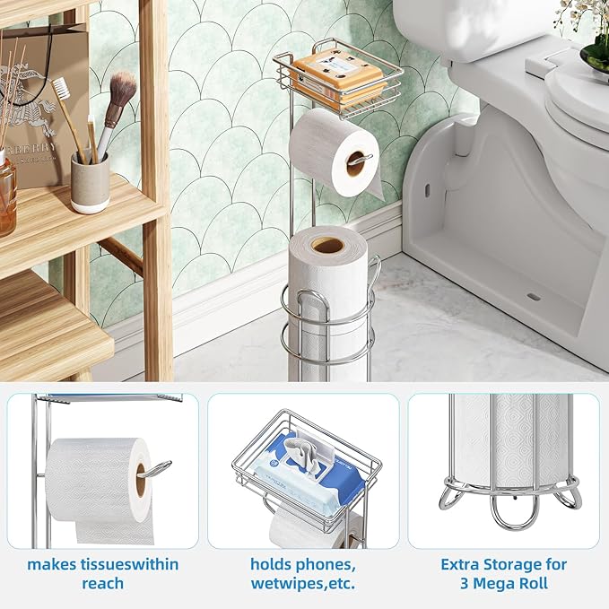 Simple Trending Toilet Paper Holder Free Standing,Toilet Paper Stand with Shelf for 4 Rolls, for Phones,Tissues,Wipes and Bathroom Toilet Paper Storage, Chrome