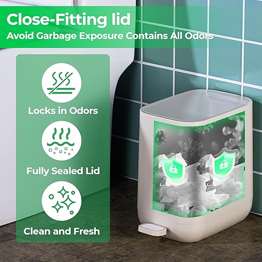 1.85 Gallons 7 Liters Slim Small Kitchen Trash Can with Lid Soft Close Dust Bin Step Pedal Garbage Waste Home Bathroom Office ABS Smooth Washable Cubo de Basura Cocina Ivory