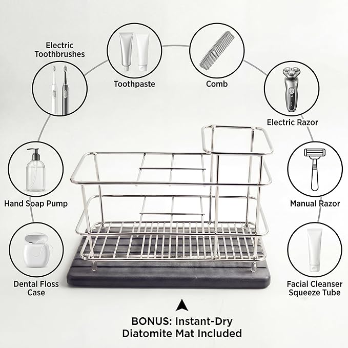 Toothbrush Holder for Bathroom Countertop, Stainless Steel Electric Toothbrush Organizer with Quick-Drying Diatomite Stone Mat, Rustproof Vanity Caddy for Toothpaste and Razors, Grey