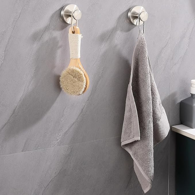 Suction Cup Hooks for Shower 2 Pack Stainless Steel No Drill Removable Waterproof Rustproof for Bathroom Kitchen Glass Mirror Tile to Hang Towels Robes Loofah Wreath (Brushed Silver)