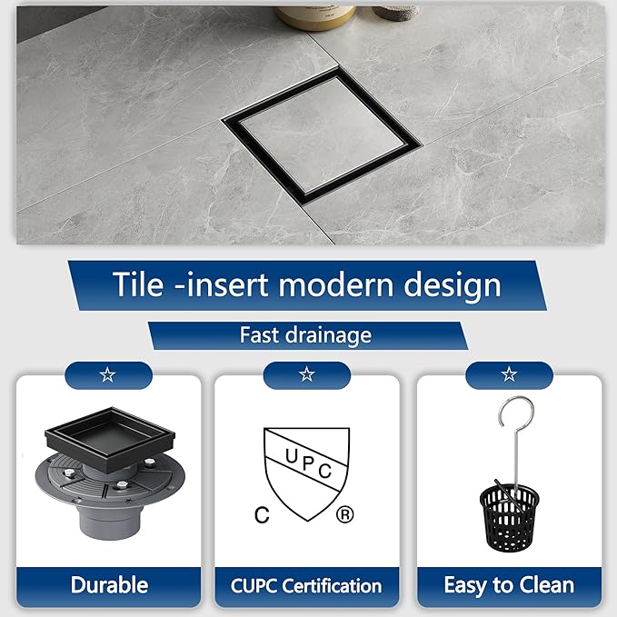 Neodrain 4-Inch Square Shower Drain with Removable Tile Insert Grate, 304 Stainless Steel, Includes Shower Drain Base Hair Strainer, Matte Black
