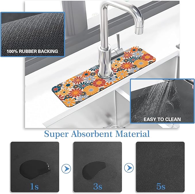 Retro Abstract Floral Faucet Mat Splash Guard Colorful Floral, Soft Diatom Mud Material, Strong Water Absorption, Non-slip,Easy to Clean for Bathroom, Kitchen 15"X5.5"