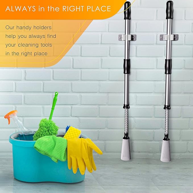 Self Adhesive Broom and Mop Holder Wall Mounted – SUS304 Stainless Steel 2-Slot Organizer with Anti-Slip Rubber Grips, 25lb Load, Adjustable for 0.6–1.4" Handles, Garage Kitchen Bathroom Use, 2 Pack