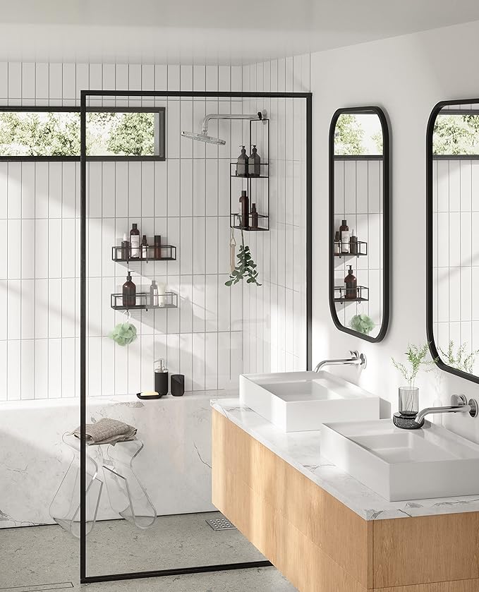 Umbra Cubiko Shower Shelf, Metal Floating Shelves with Adhesive Mounting Strips, 2-Pack, Black