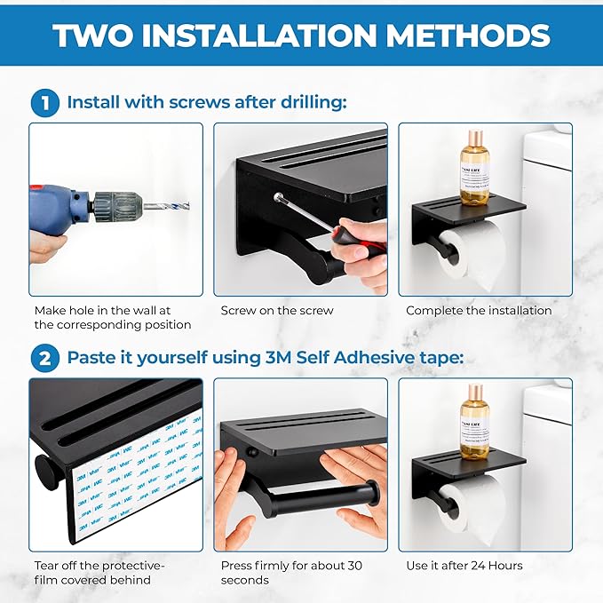 Toilet Paper Holder with Shelf, Black Anti-Rust Aluminum Tissue Roll Holder with Mobile Phone Storage Shelf for Bathroom, 3M Self Adhesive No Drilling or Wall Mounted with Screws