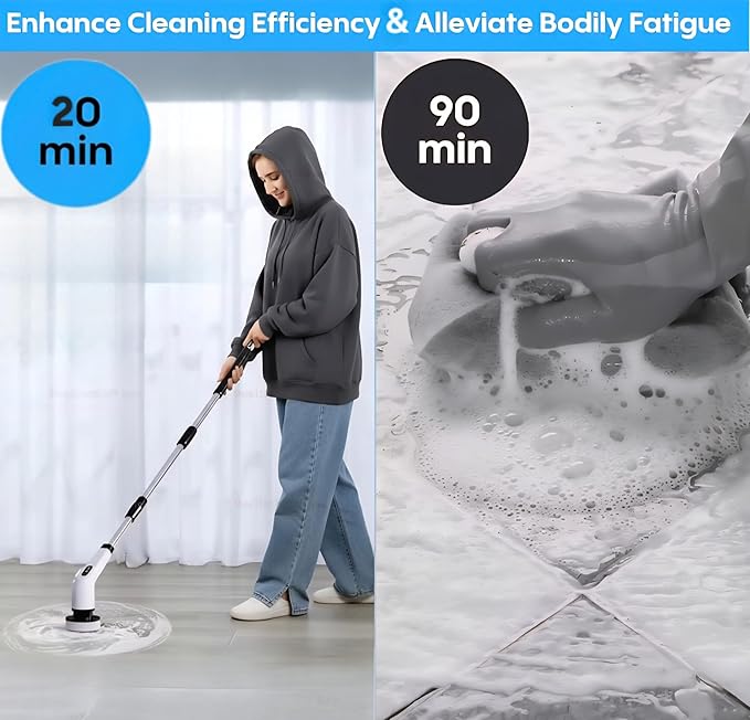 Electric Spin Scrubber for Cleaning with 9 Replaceable Brush Heads,Cordless Bathroom Cleaning Brush with 3 Speeds,IPX7 Waterproof,Adjustable Handle for Shower,Bathtub,carpet,Tile,Floor & Kitchen,White