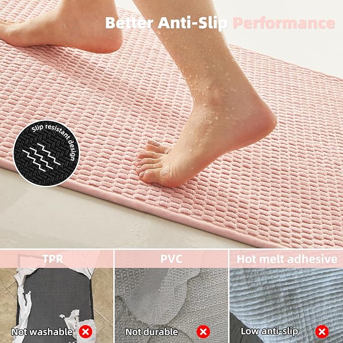 Bathroom Rugs Non Slip Washable, Super Absorbent Thin Bath Mat Quick Dry Low Pile Bathroom Rug, Pink 24"x47"