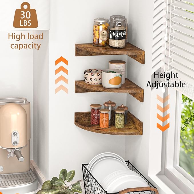 Fun Memories Corner Shelf Wall Mount, Wood Floating Corner Shelves, Corner Wall Shelf for Bedroom, Bathroom, Kitchen, Living Room (Brown, 3 Pack)