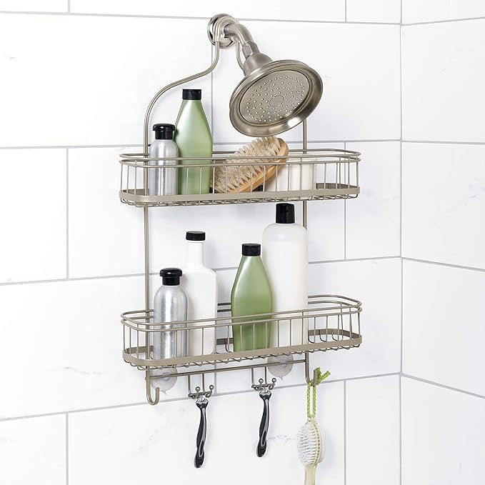 Zenna Home Shower Caddy, Modern and Functional, Steel Shower Rack with 2 Extra Wide Shelves and Built-in Hooks, Satin Nickel
