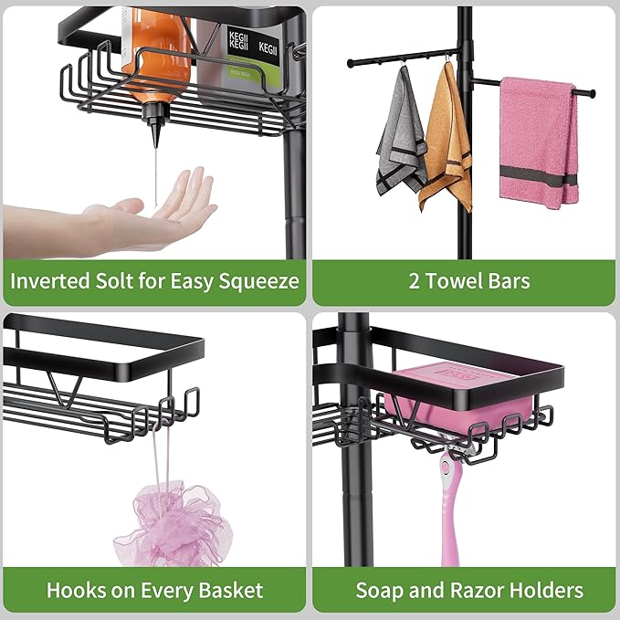 Taozun Shower Caddy Organizer Tension Pole, Rustproof 2 Towel Bars and 4 Adjustable Shelves, 25-114.2 Inch No-Drill Quick Installation, Extra Soap Dish for Bathroom Storage Black