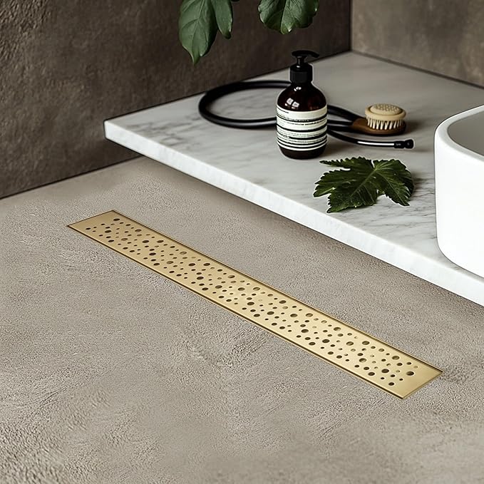 Sharp-tec 28 inch Linear Shower Drain, Gold Rectangular Floor Drain, V-Shape Design Drain Channel, 304 Stainless Steel, cUPC Certificated for Bathroom Shower Room (Drain Base is Not Included)
