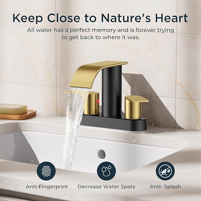 FORIOUS Black and Gold Bathroom Faucets, Waterfall 4 Inch Centerset Bathroom Sink Faucet with Metal Pop up Drain and cUPC Hose for Basin, Vanity, RV, Pedestal 2 or 3 Hole Sink