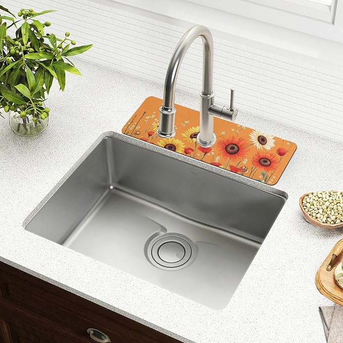 Cartoon Orange Sunflowers Poppy Kitchen Sink Splash Guard Faucet Mat Diatomite Absorbent Pad for Bathroom RV 30x5.4in 1PCS water