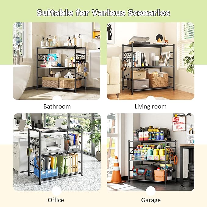 3Tier Storage Shelves Metal Shelving Unit Organizer,Adjustable Wire Shelving Rack Pantry Kitchen with Hooks,264 LBS Shelves for Laundry,Office and Bathroom Closet 23.6" W x 13.8" D x 30.9" H