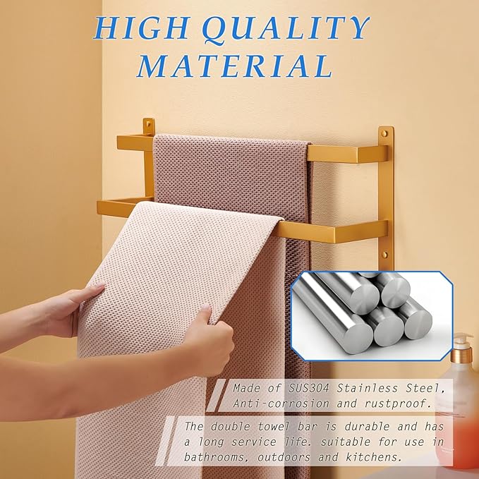 24 Inch Double Towel Bar for Bathroom with Hooks Stainless Steel Bath Towel Rack Wall Mounted Gold Finished