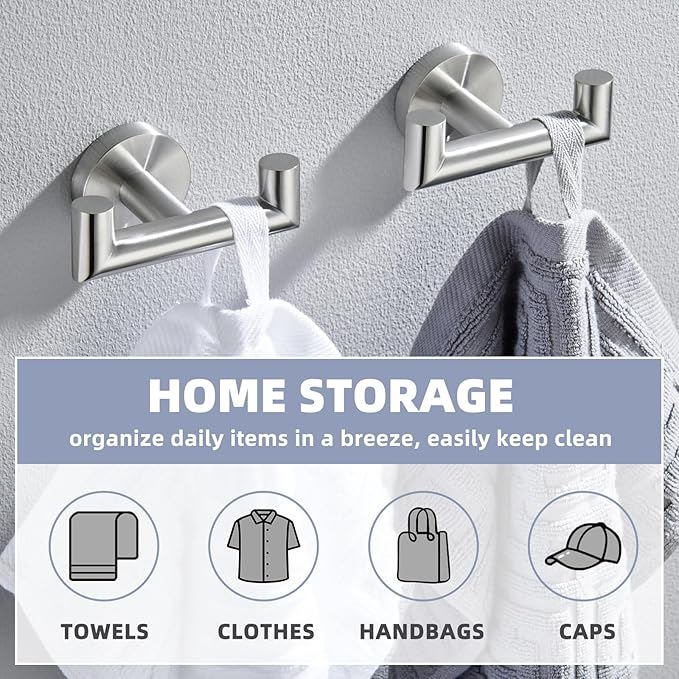 APLusee Brushed Nickel Double Towel Hook 2 Pack, 304 Stainless Steel Clothes Hook, Wall Mounted