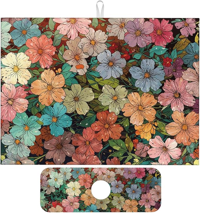 Colorful Wildflowers Dish Drying Mat for Kitchen Counter, 18"x24" Microfiber Absorbent Fast Dry Mat, 2Pcs Dish Mat Faucet Mats Sets, Large Drying Kitchen Mat Kitchen Drying Pad Coffee Bar Decor Gifts
