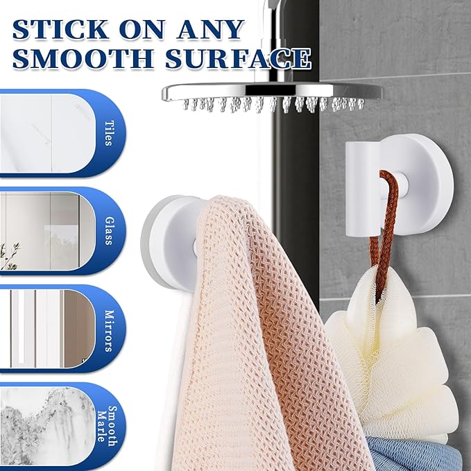 Heavy Duty Reusable Suction Cup Hooks for Shower - No Drill Bathroom/Glass/Mirror/Tiles & Metal Surfaces,and Smooth Non-Porous Surfaces for Towels, Robes, Loofahs (4, White)