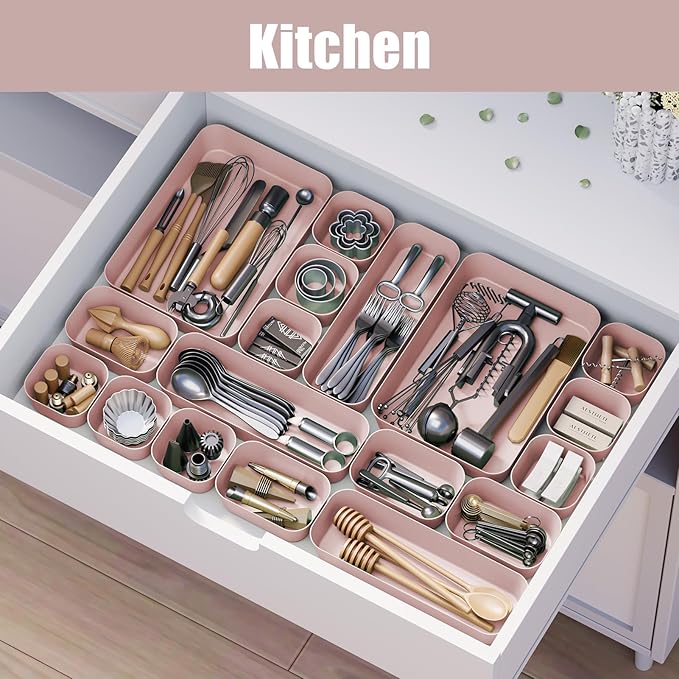 Plastic Drawer Organizers, 28 PCS Drawer Organizer Bins, Bathroom and Vanity Organizer Plastic Tray, Makeup organizer and storage for Makeup, Bedroom, Kitchen Gadgets Utensils and Office