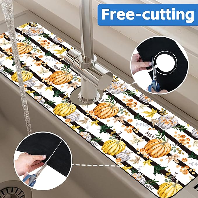 Thanksgiving Sink Faucet Absorbing Mat Autumn Pumpkin Floral Absorbent Fast Drying Mat Faucet Draining Mat Sink Splash Guard Behind Faucet Drip Catcher for Kitchen Bathroom 5.5"×24"