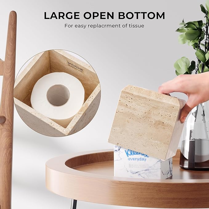 WORHE Tissue Box Cover Italy Natural Travertine Stone Heavy Duty Square Facial Toilet Paper Holder for Bathroom Living Room Bedroom Dresser Kitchen Minimalistic Office Home Decor Beige (TBC145WT)