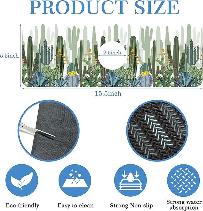 Faucet Mat for Kitchen Sink West Wild Cactu Forest, Soft Diatom Mud Material, Strong Water Absorption, Non-slip, Easy to Clean for Bathroom, Kitchen 15"X5.5"