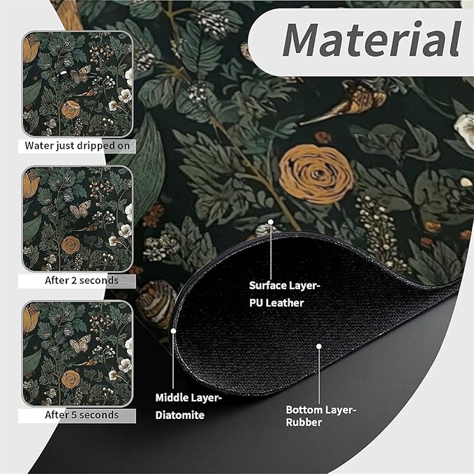 Kitchen Sink Splash Guard，Dark-green black flowers Faucet Mat Sink Gadgets-Super Absorbent Fast Drying Mat Drip Catcher for Kitchen, Bathroom,Sink Mat, Dish Drying Mat, Bathroom(15" X 5.5" )