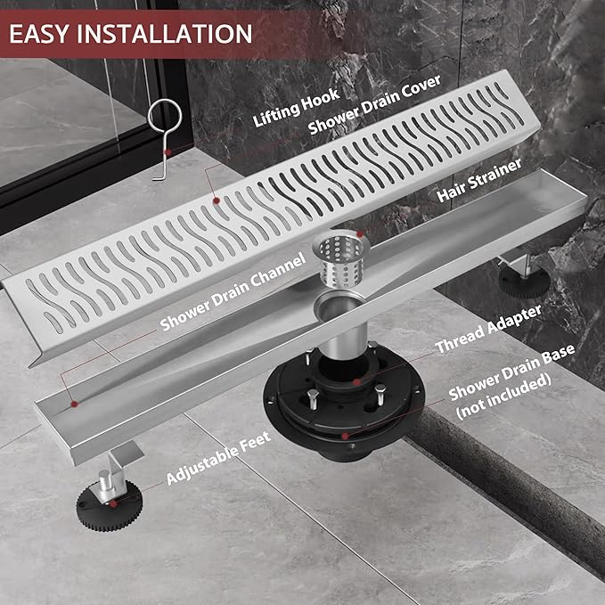 28 Inch Linear Shower Drain, Brushed Nickel Shower Drain, Removable Grate, 304 Stainless Steel, Easy to Install and Clean for Bathrooms (Drain Base Not Included),LSD-51A-28S