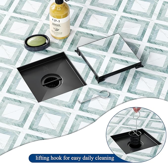 Neodrain 6-Inch Square Shower Drain with Removable Tile Insert Grate, 304 Stainless Steel, Includes PVC Shower Drain Base Hair Strainer, Matte Black