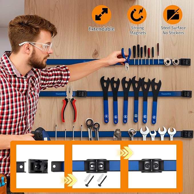 18" Magnetic Tool Holder Strip, 4 Pieces Blue Metal Tool Organizer Rack with Stainless Steel Surface, Magnet Bar for Garage Workshop, Easy To Install with Mounting Screws