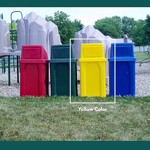 32 Gallon Square 100% Recycled Plastic Heavy Duty Indoor or Outdoor Commercial Trash Can with Push Lid | Great for Schools and Businesses - Yellow
