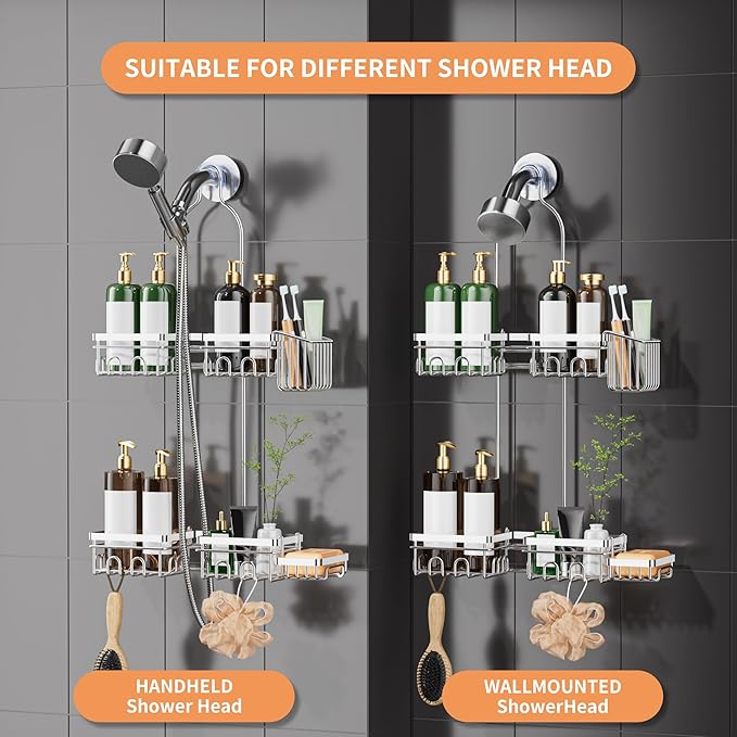 Shower Caddy Hanging - Over Shower Head Caddy, 0.82 inch Universal with 2 Shelves, Soap Holder, Toothbrush Holder & Reusable Suction Hook, Complete Silver Bath Organizer Set