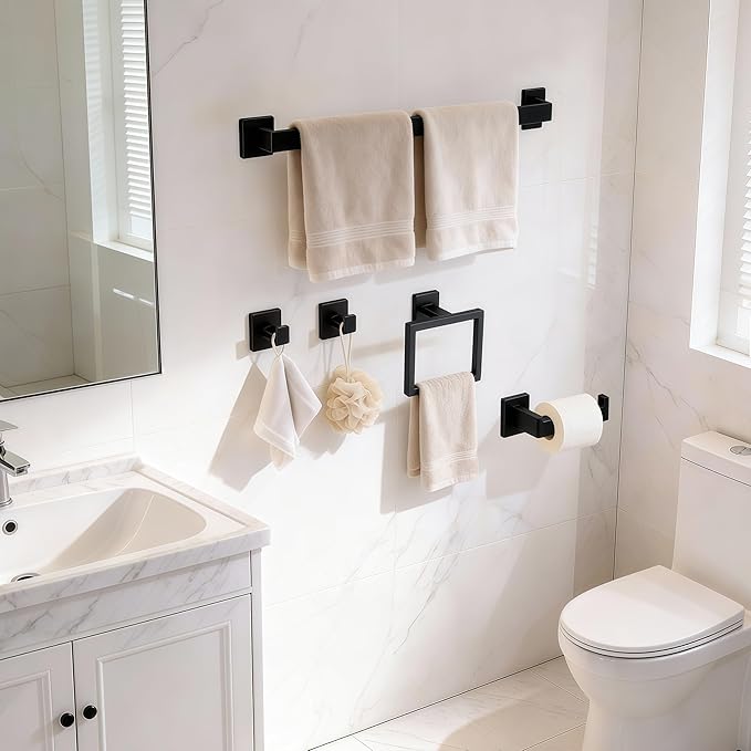 5 Pieces Matte Black Bathroom Hardware Accessories Set, 23.6 Inch Stainless Steel Towel Bar Set, Wall Mount Toilet Paper Holder, Towel Holder, Towel Hooks for Bathroom