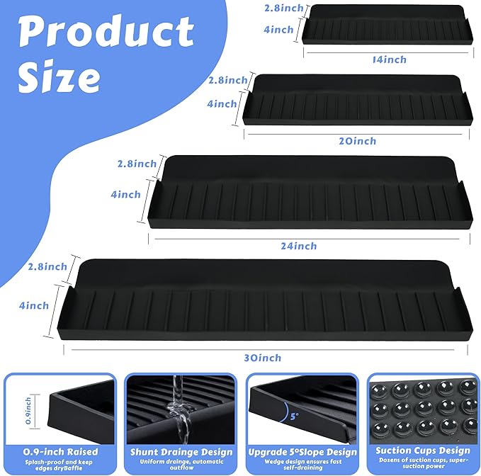 Silicone Sink Edge Protector 14", Kitchen Faucet Splash Guard with Suction Cups, Tilt and Cuttable Edge Guard, Multi-function Sink Accessories for Kitchen, Bathroom, Steel, Granite, Quartz Countertop