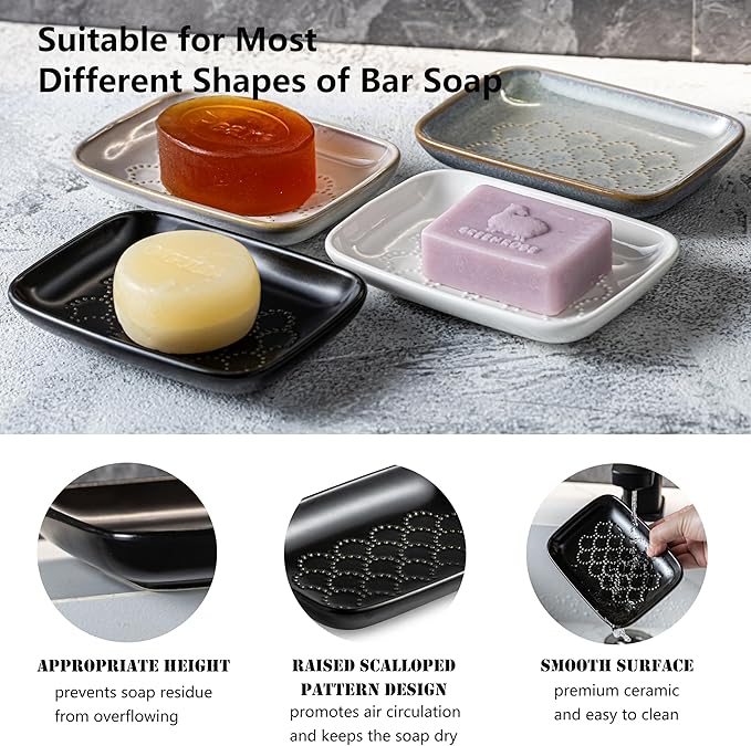Gomakren Ceramic Soap Dish with Raised Scalloped Design, Versatile Soap Holder & Tray for Bathroom and Kitchen Sink, Prevents Soggy Soap, Rustic Modern Decor, Easy to Clean, Black (5.59" x 4.02")