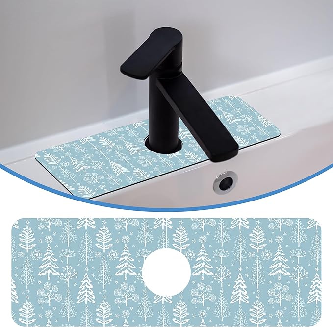 Winter Fir Tree Faucet Mat for Kitchen Sink Fir Trees Bushes Snow, Soft Diatom Mud Material, Strong Water Absorption, Non-slip, Easy to Clean for Bathroom, Kitchen 15"X5.5"