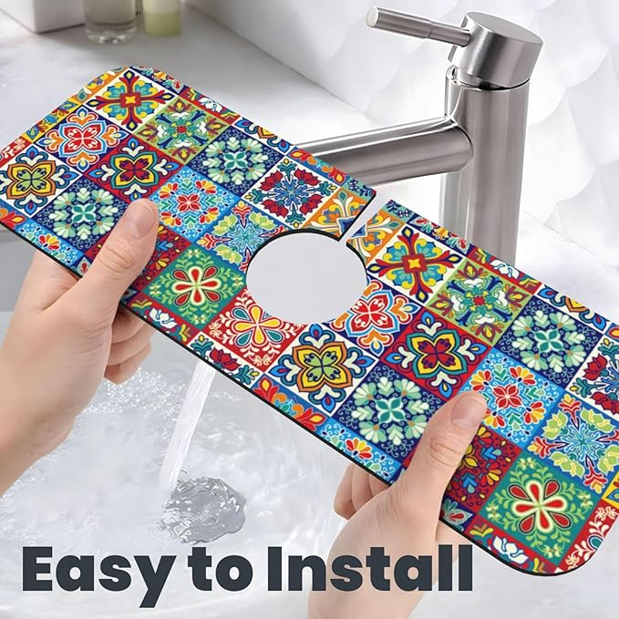 Talavera Mexican Ceramic Tiles Boho Kitchen Sink Splash Guard Faucet Mat 1 Pcs, Absorbent Fast Drying Mat Gadgets Splash Guard For Bathroom 15 X 5.5 Inches