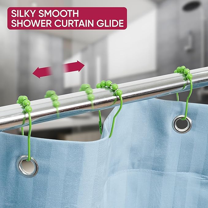 Shower Curtain Hooks Rust Proof (Set of 12) - Stainless Steel Shower Curtain Rings - Anti Slip Roller Balls for Easy Glide (Secure Lock Hooks, Lime Green)
