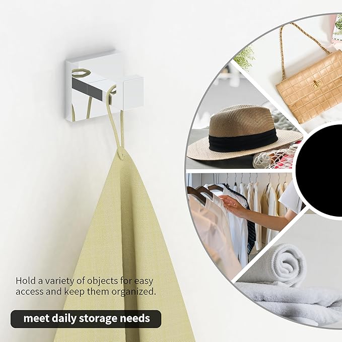 Ruacq Towel Hooks for Bathrooms, Heavy Duty Stainless Steel Square Bathroom Hooks, Wall Mounted Towel Hanger for Robe & Coat, Ideal for Kitchen, Bedroom, and Hotel Use(Chrome, 2 Pack)