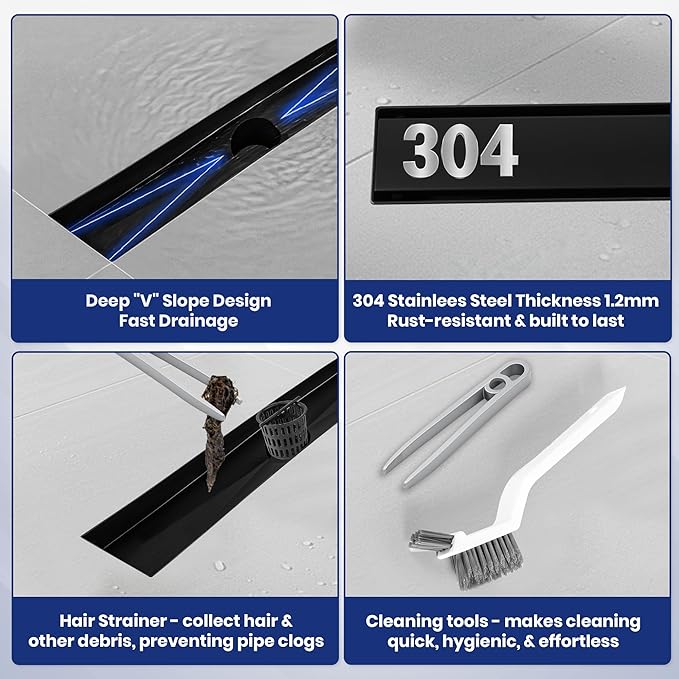 Linear Shower Drain 24 inch Matte Black with 2-in-1 Flat & Tile Insert Cover - 304 Stainless Steel Shower Floor Drain - Bathroom Drain with Reversible Cover & Hair Catcher - Includes Cleaning Tools