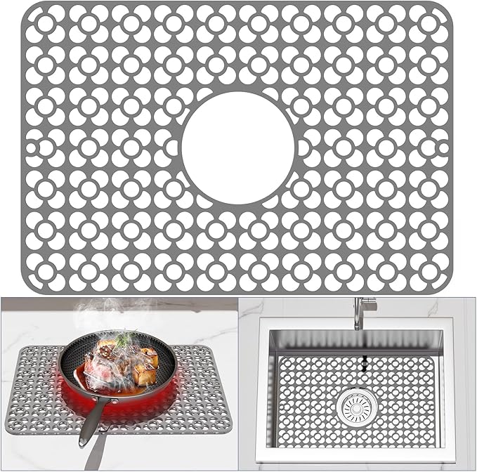 TOOVEM Kitchen Sink Mats, 11.5 x 18.2 Inch Sink Protectors for Kitchen Sink, Silicone Heat Resistant Non-Slip for Bottom of Kitchen Stainless Steel Sink Mats, Grey
